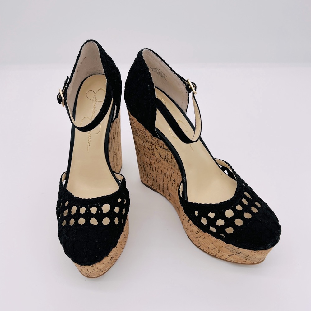 Jessica Simpson Melita Black Woven Cut-Out Detail Platform Wedge Sandal 6.5
